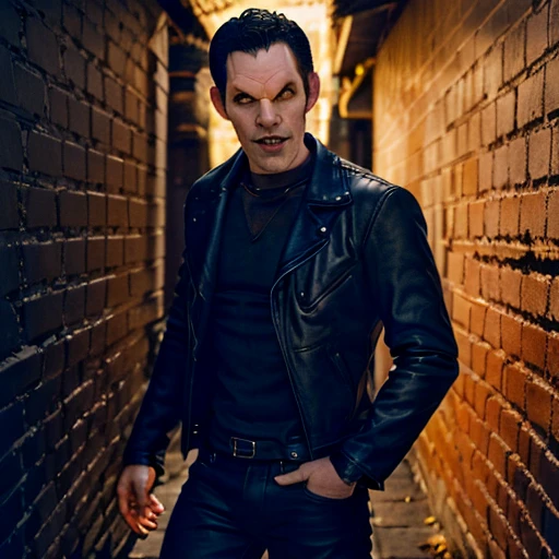 Vampire Xander with an evil smirk standing in a dark alley at midnight, teenager, slim, vampire, yellow eyes, vampire fangs, leather jacket, black jeans, professional photography, high resolution, 4k, detailed photo <lora:Xander_Harris_Buffy_the_Vampire_Slayer:1>