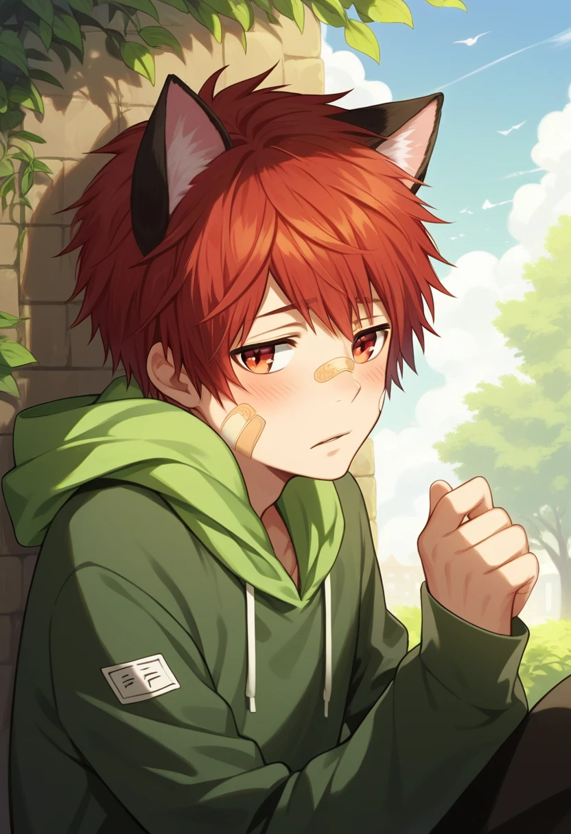 score_9, score_8_up, score_7_up, score_6_up, highly detailed, masterpiece, best quality,detailed,intricate details, amazing quality, best aesthetic, absurdres,source_anime,1boy,enma kozato, red hair, red eyes, 1boy, male focus, hoodie, solo, bandaid, hood, cat ears,cat tail,blush<lora:EMS-391989-EMS:0.800000>