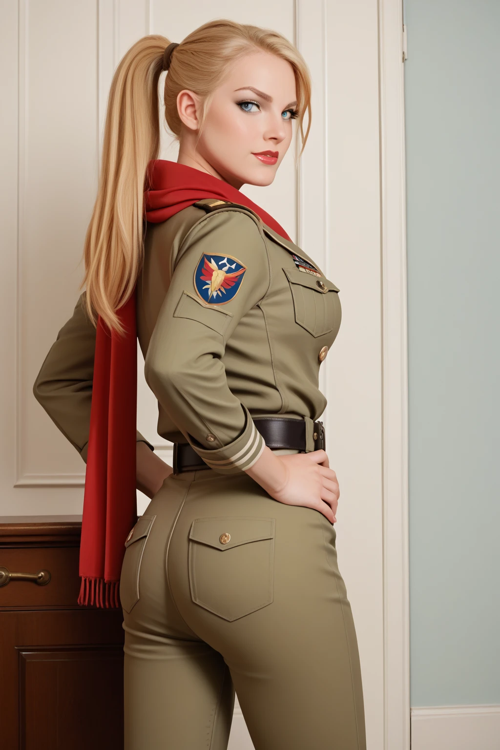 source_cartoon, source_real, score_9, score_8_up, score_7_up, score_6_up, <lora:add-detail-xl:1>, raytracing, absurd, intricate, ((zPDXL2)), (absurd resolution, perfect anatomy, cowboy shot) BREAK <lora:Ms_Marvel:0.8> carol danvers, long hair, blonde hair, ponytail, blue eyes, flirting, raised eyebrow, ((looking back at viewer)), scarf, uniform, military uniform, belt, pants, lipstick, makeup, large breasts, toned, athletic, thigh gap, sexually suggestive, standing, hands on hip, in futuristic military base, indoors