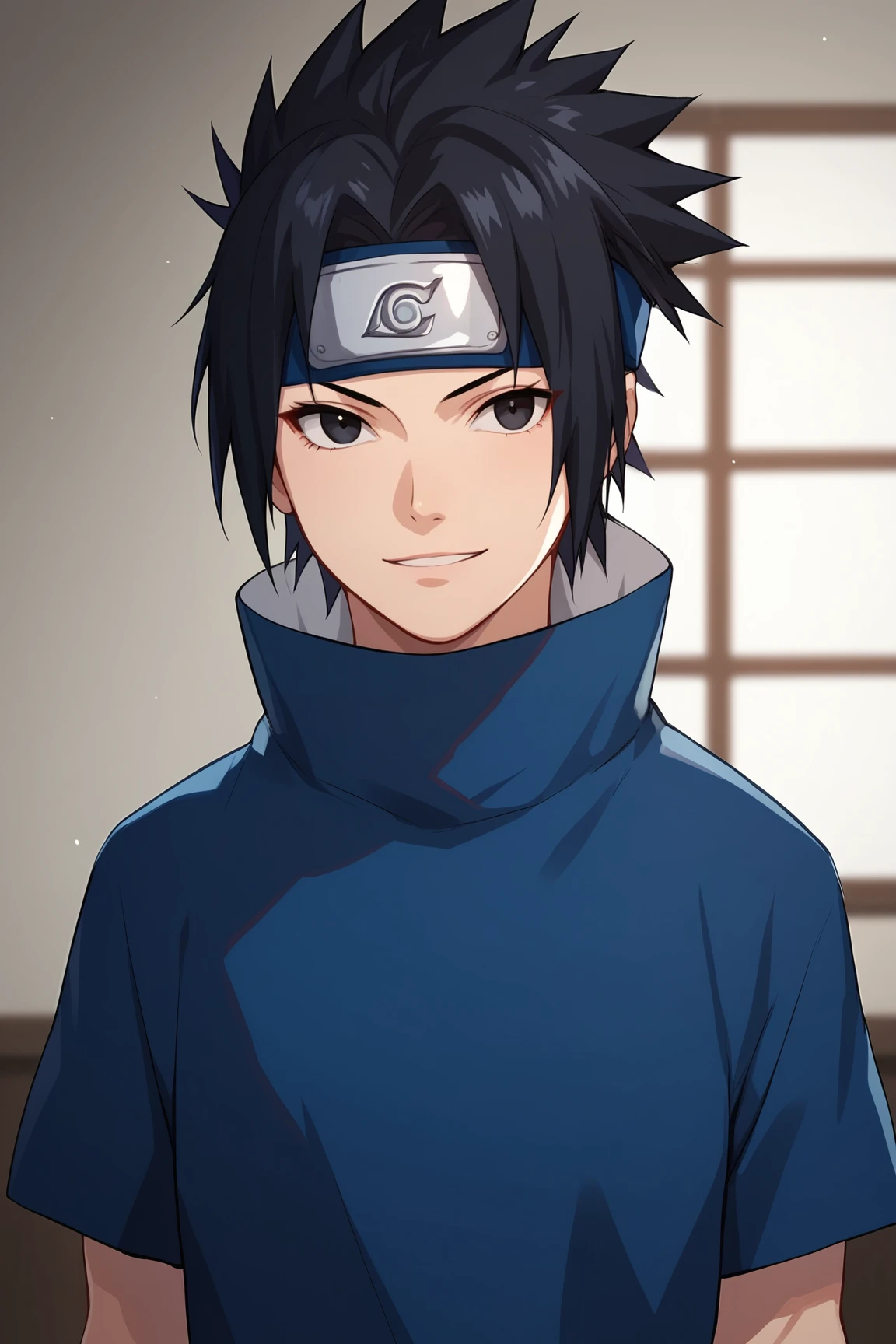 score_9, score_8_up, score_7_up, score_6_up, score_5_up, score_4_up, SasukeGEXL, black eyes, black hair, short hair, spiked hair, parted bangs, forehead protector, high collar, blue shirt, short sleeves, solo, front view, (portrait, upper body), solo focus, seductive smile, looking at viewer, indoors <lora:SasukeGEXL:0.9>