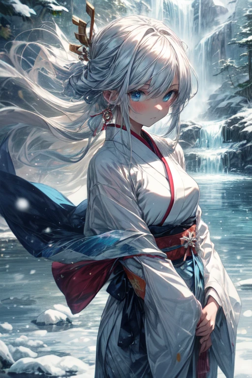 1 anime girl, solo, 1girl, elegant girl, cold and indifferent expression, white hair, icy blue eyes, icy miko clothes, bleu miko kimono, long hair, ofuda on the fronthead, little snowflake earrings, snowflake hair ornament, snowy mountain background with frozen waterfall, masterpiece, best-quality,