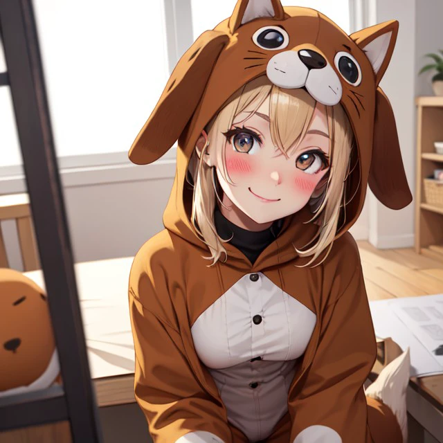 dog costume, pov, looking at viewer, blush, smile, <lora:02768be6-7015-4ba2-97f3-69ab523e5261:0.7>