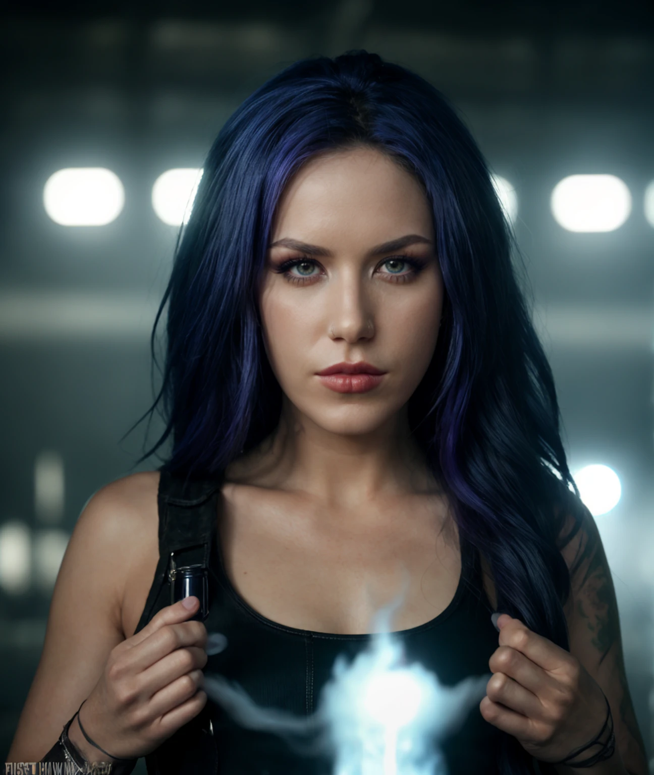 cinematic photo , <lora:quiron_AlissaWhiteGluz_v7230_Lora:0.87> , 1girl,  alissaWhiteGluz,solo, long hair, realistic, lips, looking at viewer, , , smoke, a gas in the form of a woman made of fog misting into a glass bottle,  . 35mm photograph, film, bokeh, professional, 4k, highly detailed