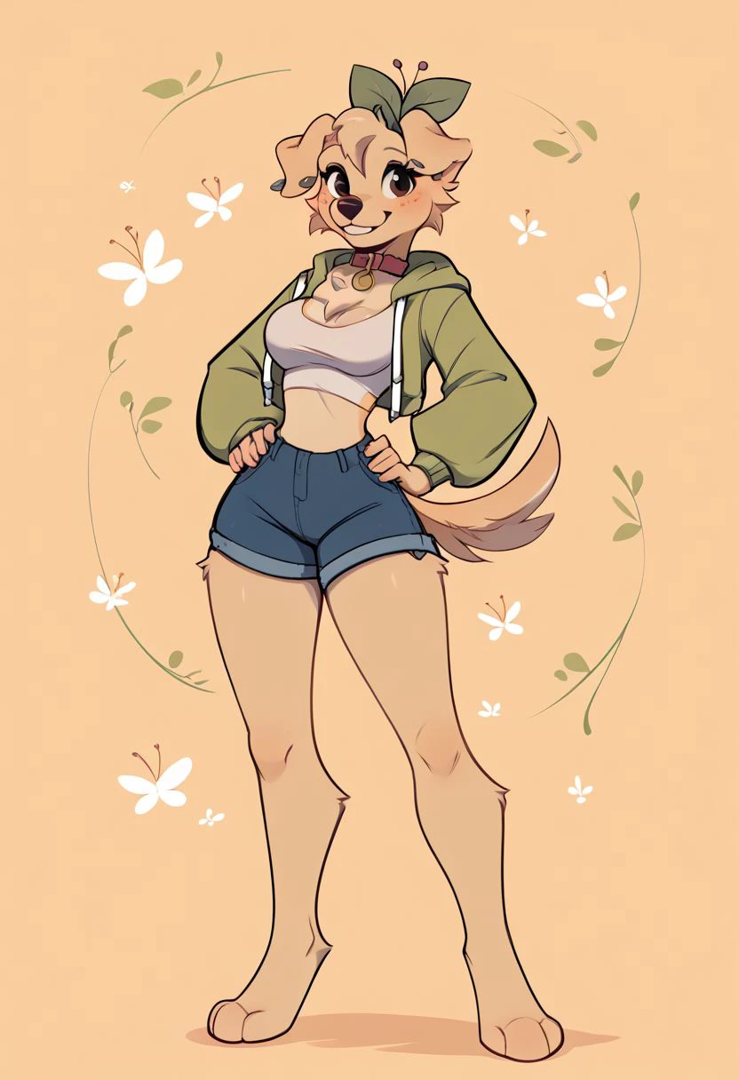 score_6_up, score_5_up, score_4_up, berri, female furry, golden retriever, leaf on head, brown eyes, ear piercing, collar, face markings, anthro, hoodie, crop t-shirt, shorts, simple background, abstract background, posing, cute, best legs, beautiful legs, round breasts, chest fur, fluffy fur, breasts together, curvy hips, smile, cleavage, medium breasts, long legs, sexy legs, happy, adorable, sexy, beautiful, highly detailed, masterpiece, 4k, quality art, digital art, shooshaa style, zPDXL2,