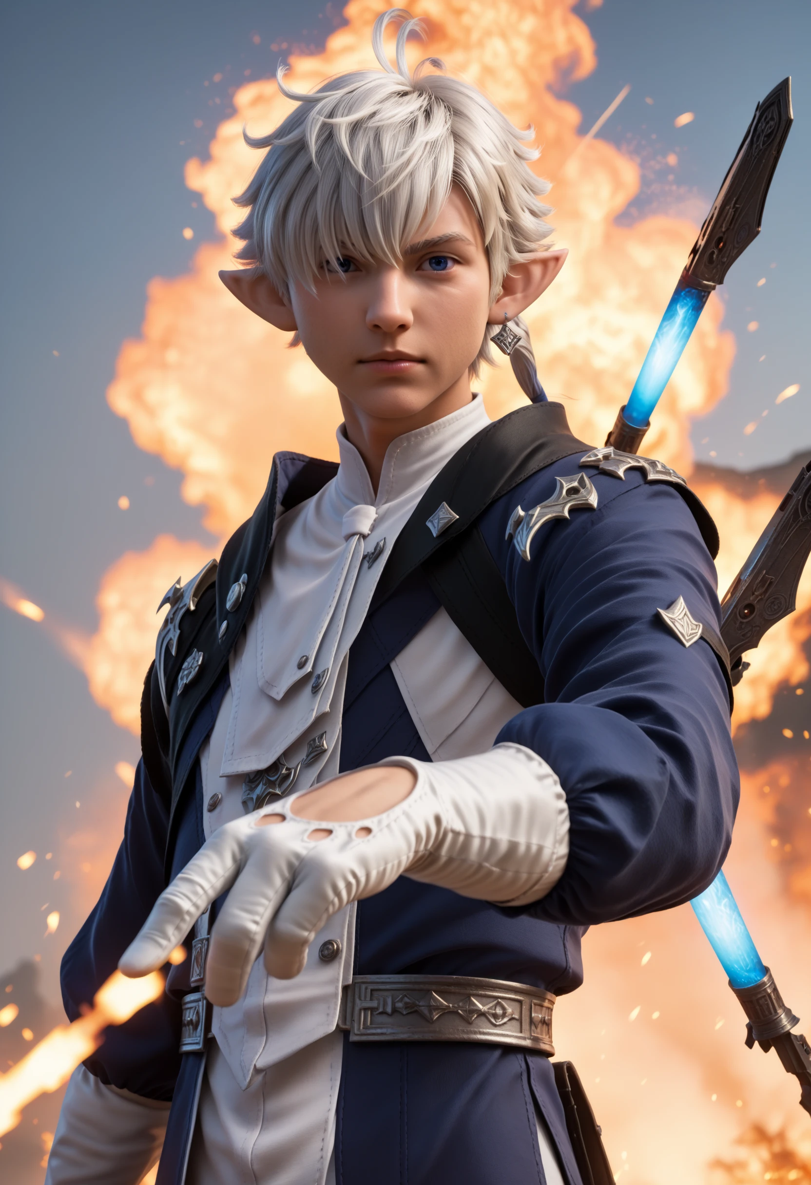 Alphinaud, 1boy, male focus, mature, looking at viewer,  gloves, jewelry, upper body, floating weapon,  floating object, magic, glowing, white gloves, hair over one eye,motion blur, explosions, fantasy background, embers, flames, dragons,  video game, octane render, specular highlights, detailed face, detailed eyes, detailed fabric, detailed skin,  zPDXL ,  <lora:Alphinaud_FFXIV:1>