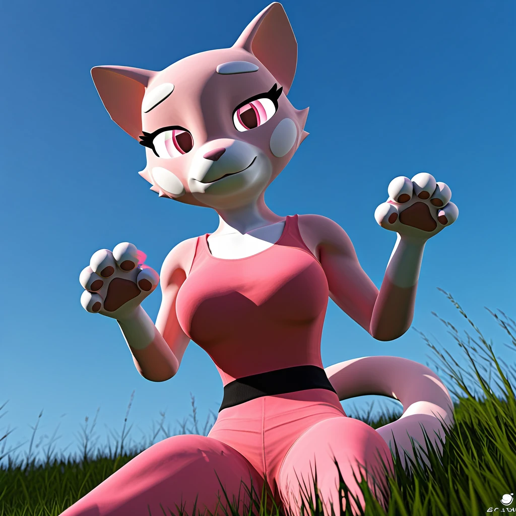 score_9_up, score_8_up, score_7_up, rating_questionable, furry_female, felid, (shima luan:1.2), pink eyes, tight pink dress, bedroom eyes, paw pose, grass, full grass ground, blue sky, <lora:ShimaPDXL:0.8>, (garry's mod, sfm, gmod, 3d render:1.2), high quality