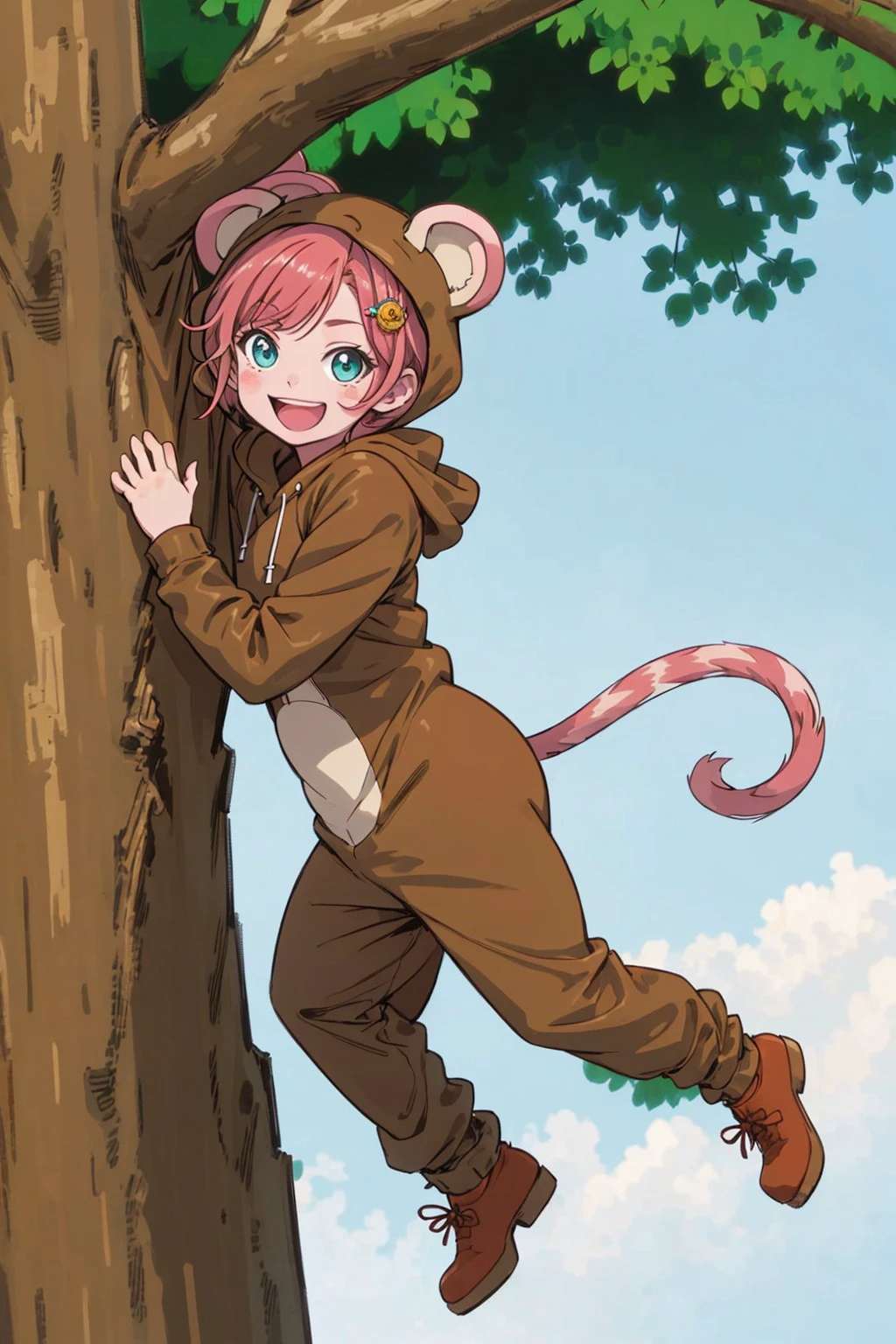 monkey costume, 1girl, solo, tree, smile, open mouth, tail, looking at viewer, red hair, :d, blush stickers, hair ornament, outdoors, double bun, hair bun, sky, short hair, day, blue sky, full body, animal ears, pink hair, in tree, inukai iroha, aqua eyes, <lora:f308998c-1ee4-4315-abe7-7da877bf2d63:0.7>