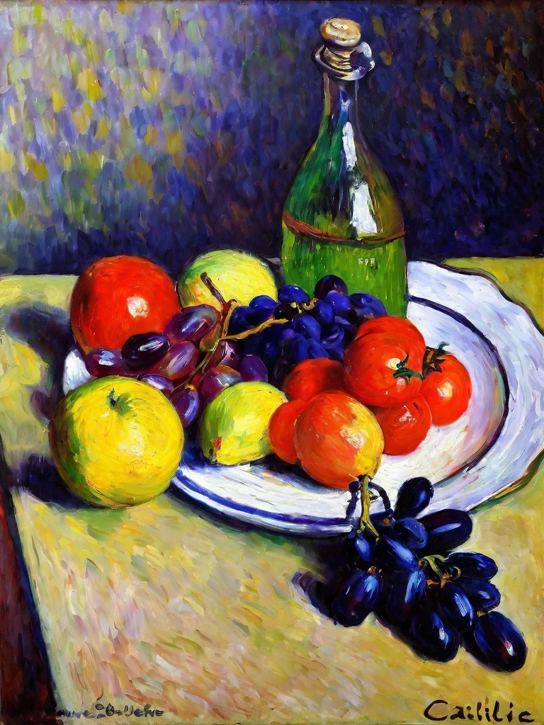 <lora:huixin10-000008:1.0>,
Impressionism, Caillebotte, still life, fruit, vegetables, grapes, apples, lemons, tomatoes, olives, oil painting, impressionist, colorful, textured, still life painting, Cézanne, 20th century, composition, vibrant colors, natural lighting, table setting, food, produce, (((masterpiece))),(((best quality))),((ultra-detailed))