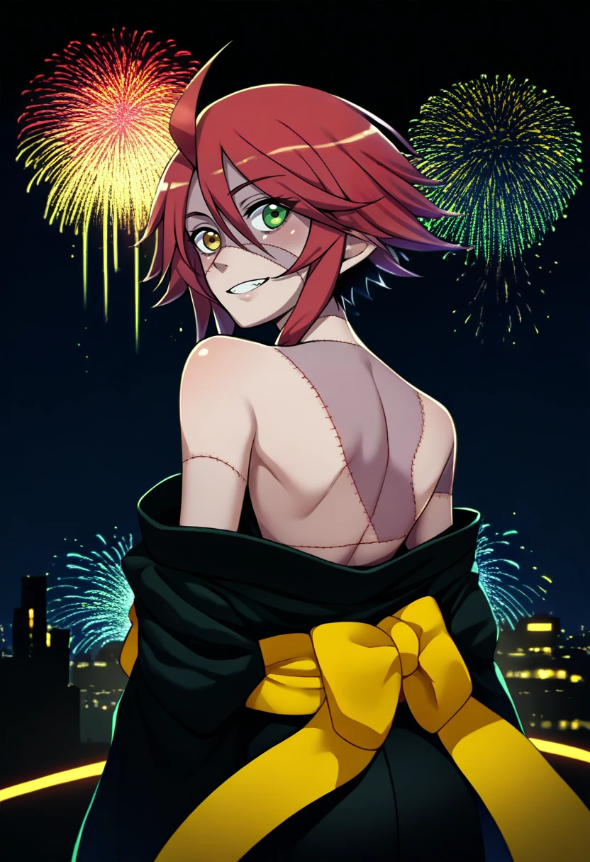 score_9, score_8_up, score_7_up, source_anime, from behind, solo, 1girl, mmzombina, zombie, stitches, patchwork skin, smile, looking back, ahoge, heterochromia, yellow eyes, green eyes, black kimono, off shoulder, yellow sash, bare shoulders, fireworks <lora:monstermusume_zombina_ponyXL_1:1>