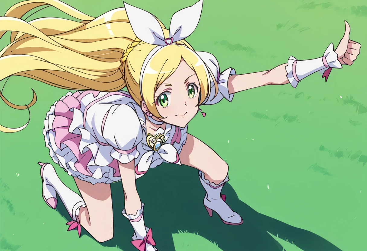 score_9, score_8_up, score_7_up, source_anime BREAK
cure rhythm, 1girl, blonde hair, solo, green eyes, smile, white choker, knee boots, thumbs up, looking at viewer, brooch, earrings, hair ribbon, ponytail, frills, wrist cuffs, pink bow, white dress, eyelashes, one knee, hair bow, heart earrings, closed mouth, white footwear, floating hair, white skirt, white ribbon, arm warmers, white bow, full body, all fours, shiny hair, hair ornament, frilled skirt, shadow, detached sleeves, frilled sleeves, miniskirt, happy, layered skirt, very long hair, white hairband, high heels, kneeling, puffy short sleeves, frilled dress, french braid, parted bangs, eyebrows visible through hair, clenched hand, layered dress, pink skirt, kneehighs, anime coloring, grass,
<lora:cure_rhythm_minamino_kanade_sdxl_locon_pony_v1:0.7>