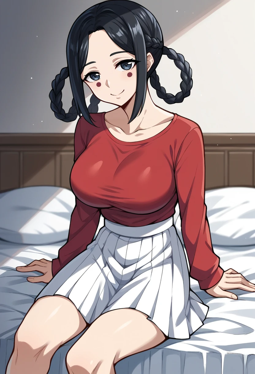 score_9, score_8_up, score_7_up, source_anime BREAK 1girl, solo,
<lora:zs_HimikaXL:1> himikadx2, black hair, hair rings, braid, facial mark, large breasts, red tshirt, white skirt
bedroom, sitting on bed, smile,