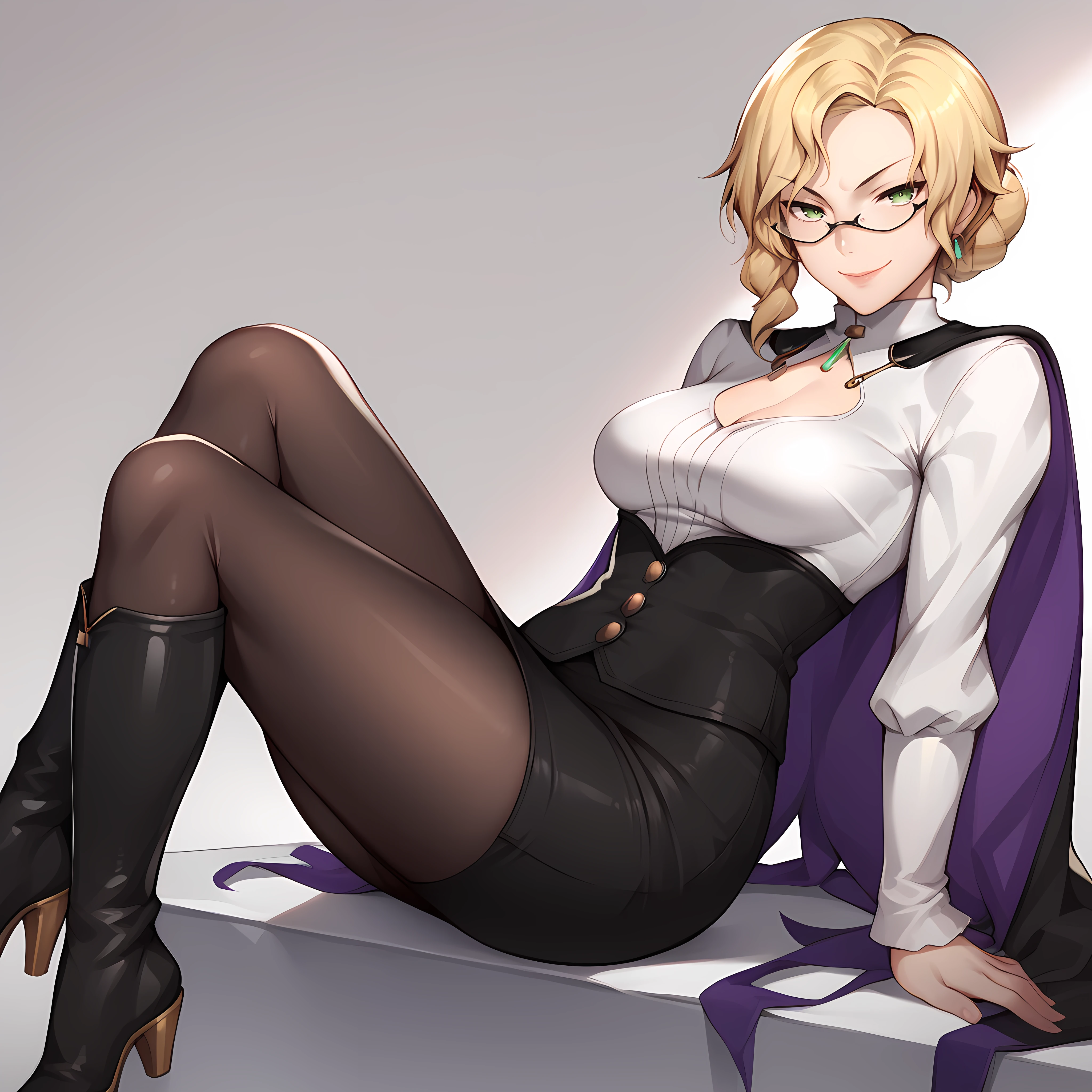 score_9,score_8_up,score_7_up,score_6_up,source_anime,rating_questionable, <lora:Glynda_Goodwitch_-_RWBY:0.8> Glynda_RWBY, blonde hair, green eyes, white shirt, pencil skirt, glasses, knee high boots, pantyhose, cape, sitting legs crossed, smirk,, zPDXL2,