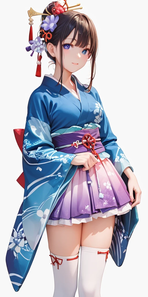 score_9, score_8_up, score_7_up,source_anime, high res image,masterpiece,best quality,woman,cute face,clear skin,shiny hair,ultra detailed eyes, simple background, <lora:wafuku gothic_Pony_V1.1:0.7> jyojifuku, kimono,skirt,hair ornament, thighhighs