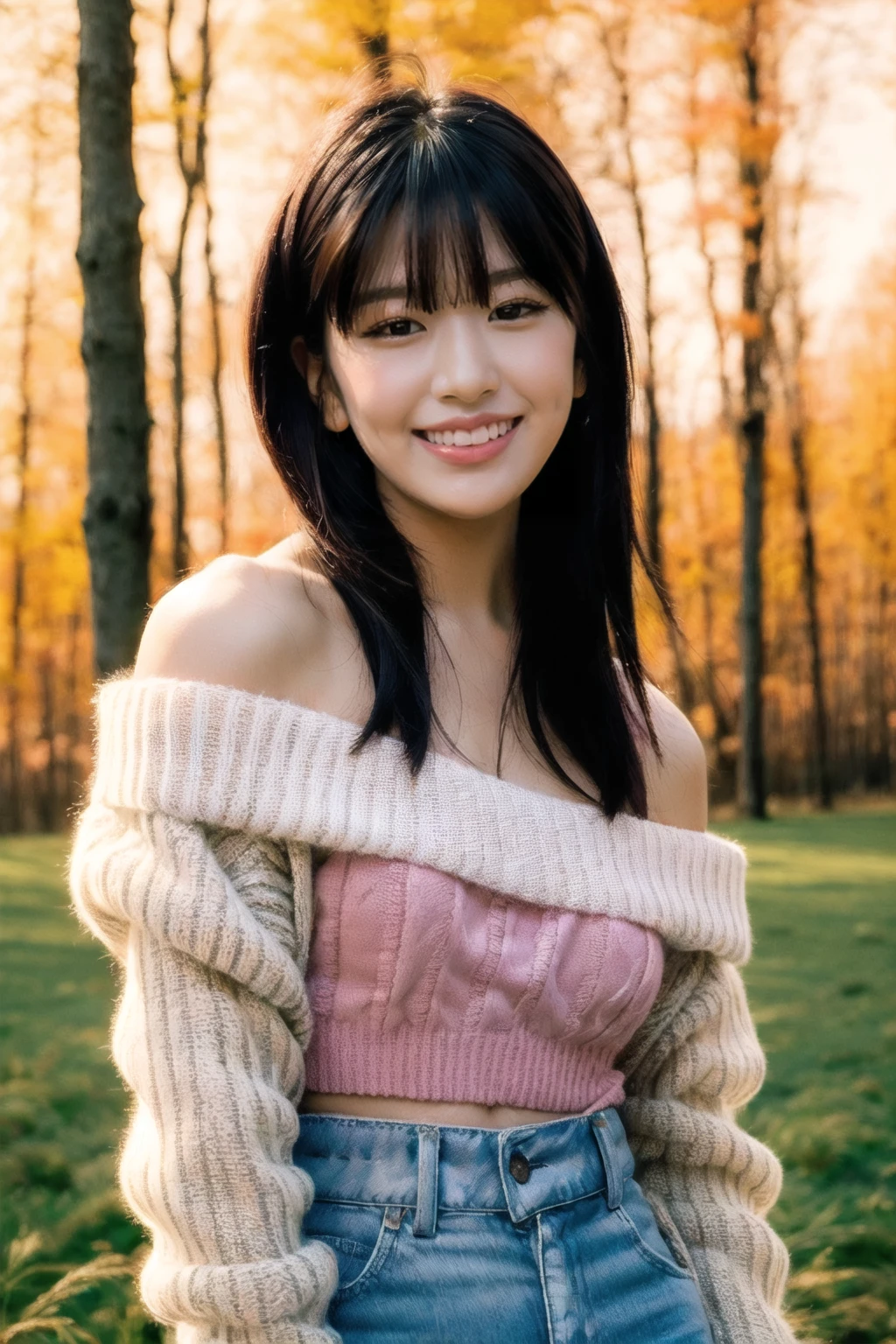 35mm film,one sexy girl,supermodel,shiny skin,bangs,prefect face,makeup,blush,parted lips,cleavage,thin waist,off shoulder sweater,oversize sweater,long sleeves,(looking at viewer),field grass,maple trees,golden hour,film grain,(upper body),(small breast:1.3),<lora:Anyuj!!n-02:0.9>,Anyuj!!n,smile,