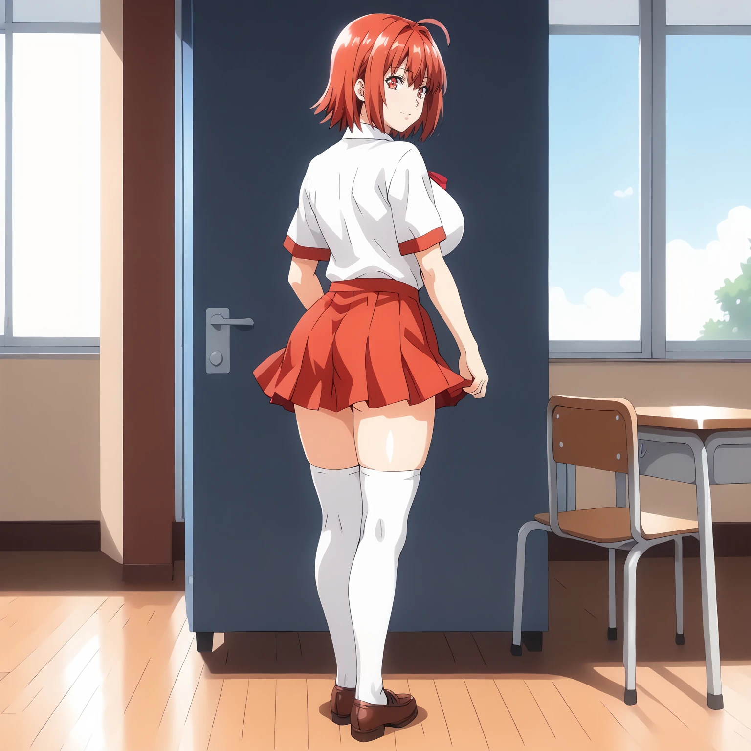 <lora:YuukaYoshiiXLpony001>,
solo,
YuukaYoshii,1girl,red hair,short hair,red eyes,
large breasts,
school_uniform,white shirt,
red skirt,
white_thighhighs,
full body,standing,looking back,