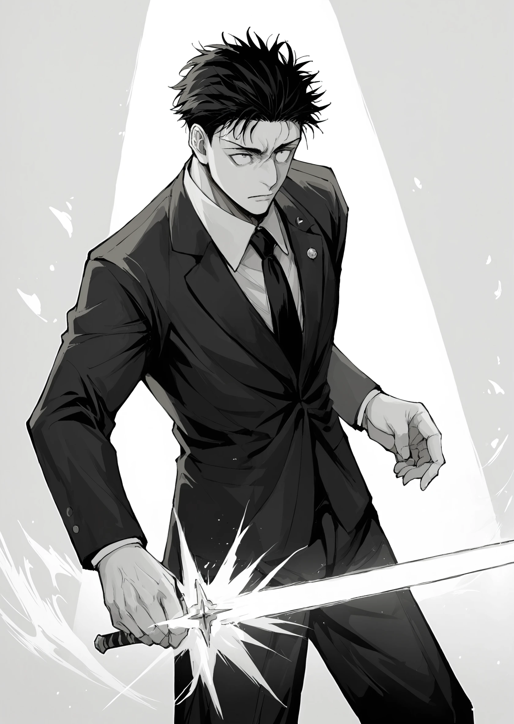 score_9, score_8_up, score_7_up, score_6_up, score_5_up, score_4_up, 2d, digital art, digital artwork, thick lines, hiromi higuruma  <lora:Hiromi_Higuruma:1>, 1boy, male focus, suit, black hair, necktie, jacket, monochrome, holding weapon, sword, rapier, fencer, magic sword, glowing sword, cowboy shot BREAK source_anime