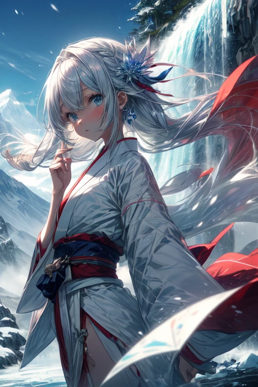 1 anime girl, solo, 1girl, elegant girl, cold and indifferent expression, white hair, icy blue eyes, icy miko clothes, bleu miko kimono, long hair, ofuda on the fronthead, little snowflake earrings, snowflake hair ornament, snowy mountain background with frozen waterfall, masterpiece, best-quality,