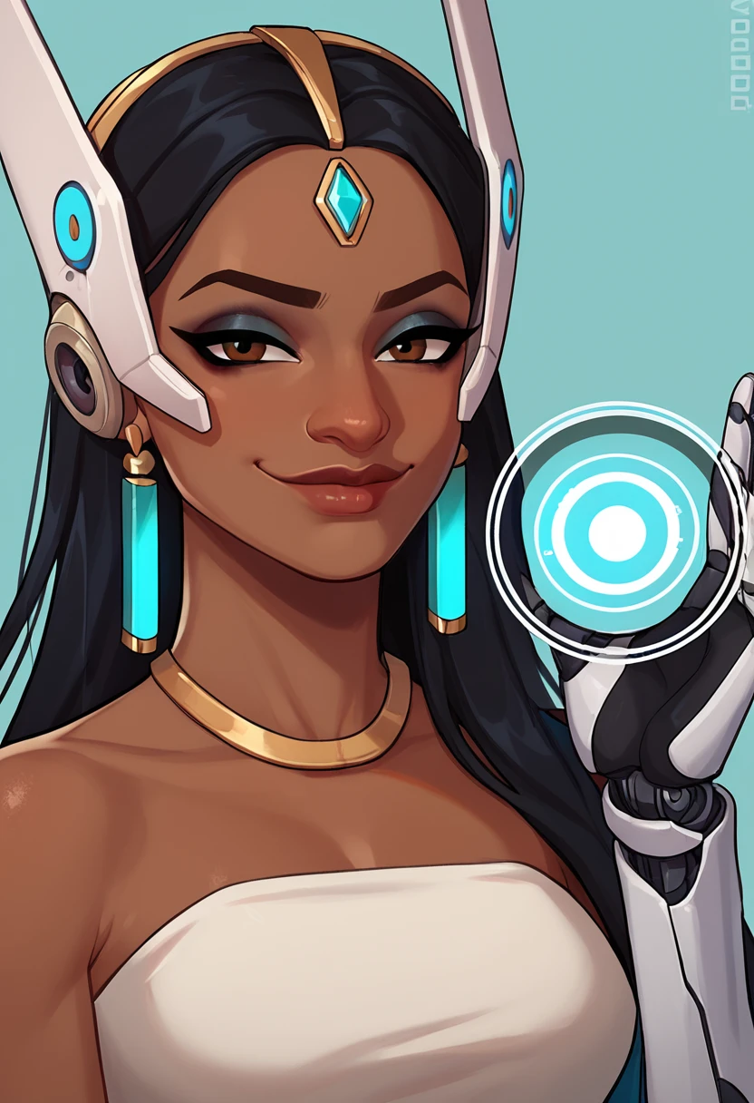 score_9, score_8_up, score_7_up, score_6_up, symow-dh, portrait, smug, holding hologram, dark-skinned female, black hair, long hair, forehead jewel, single mechanical arm, headgear, lips, earrings, brown eyes, makeup, nose, dress