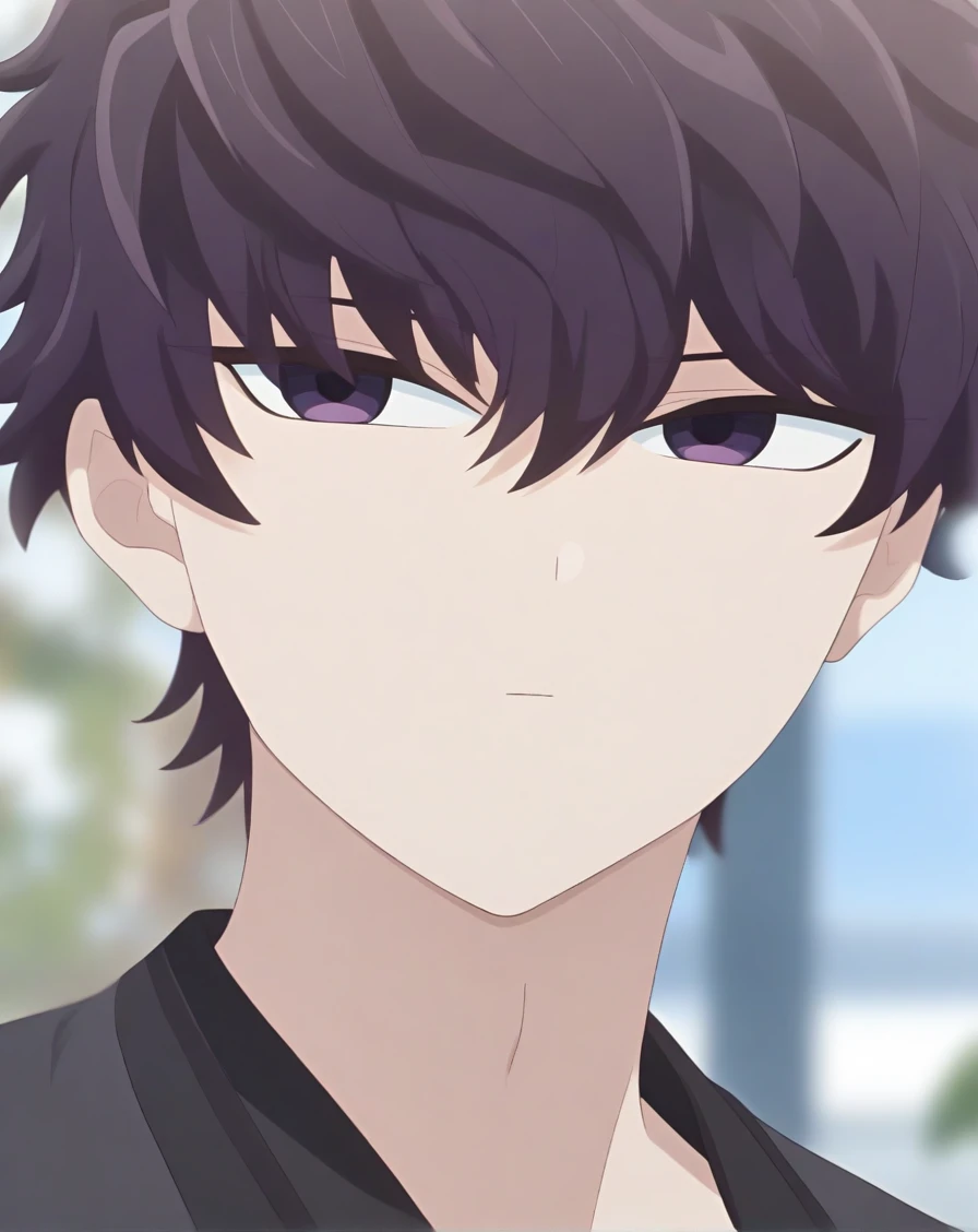 masterpiece, best quality, very aesthetic, absurdres, very detailed, safe, depth of field, ((1boy, solo, male only, male focus, face focus)),  <lora:komi_shousuke_sdxl_lora:1>, (komi shousuke, purple hair, purple eyes, short hair, hair between eyes, bangs, pale skin), happy, looking at viewer, facing viewer, outdoors,