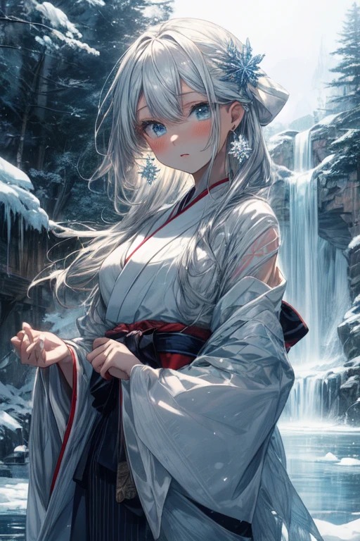 1 anime girl, solo, 1girl, elegant girl, cold and indifferent expression, white hair, icy blue eyes, icy miko clothes, bleu miko kimono, long hair, ofuda on the fronthead, little snowflake earrings, snowflake hair ornament, snowy mountain background with frozen waterfall, masterpiece, best-quality,