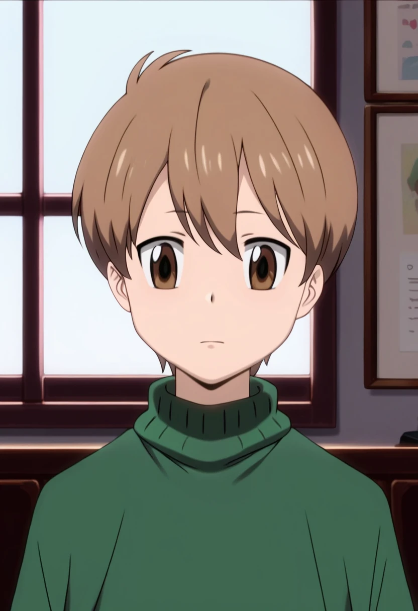 score_9, score_8_up, score_7_up, score_6_up, highly detailed, masterpiece, best quality,detailed,intricate details, amazing quality, best aesthetic, absurdres,source_anime,Futa_khr, brown hair, brown eyes, green sweater,1boy<lora:EMS-397379-EMS:1.000000>