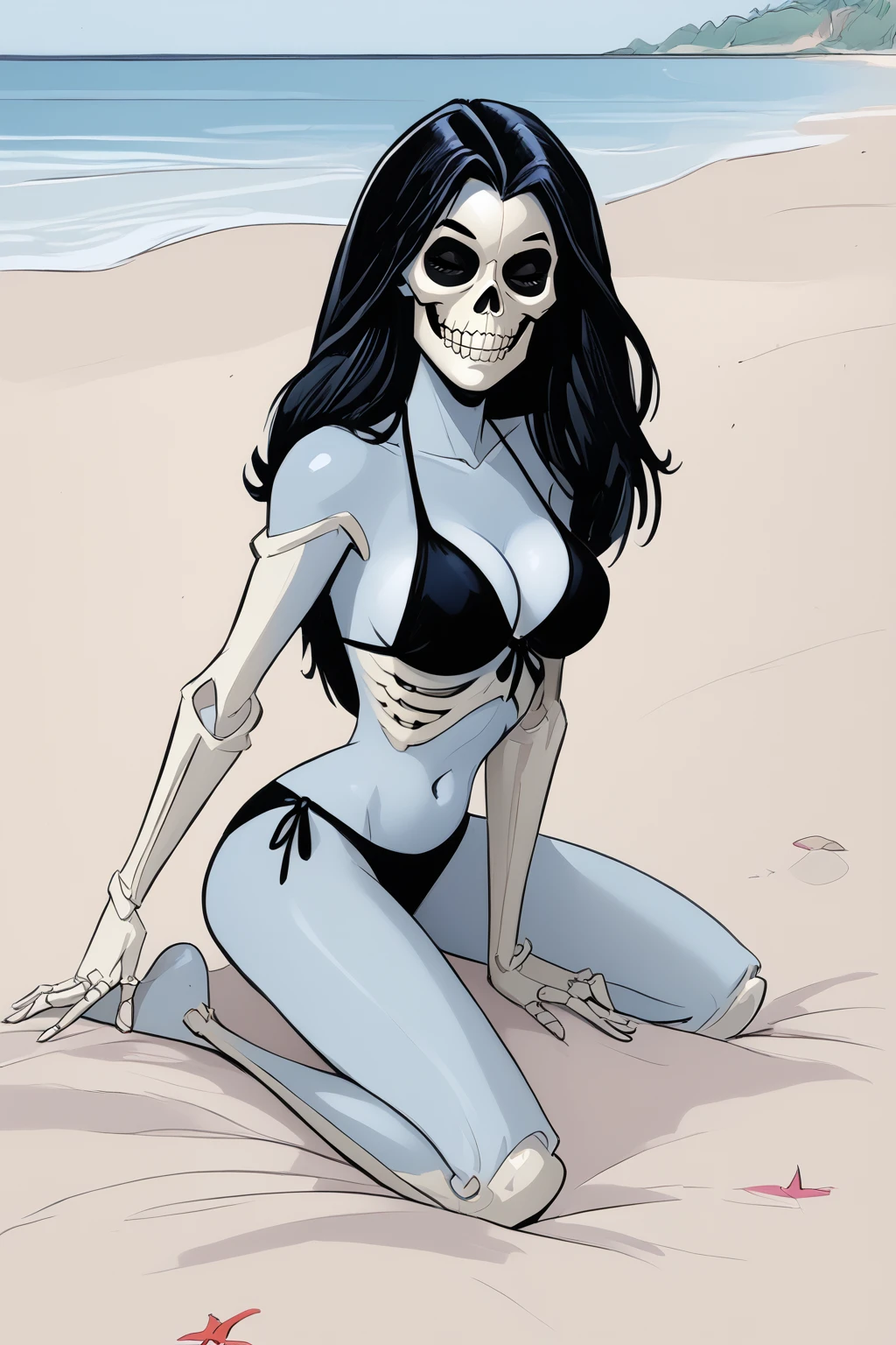 score_9, score_8_up, score_7_up, masterpiece, high quality, BREAK
 <lora:Mistress DeathPonyLoRA:1>mstrssdeth, skull head, long hair, colored skin, (skeleton), no human, bikini, on the beach, kneeling, smile, 
 <lora:Dean Yeagle StylePonyLyco:1> dystlye