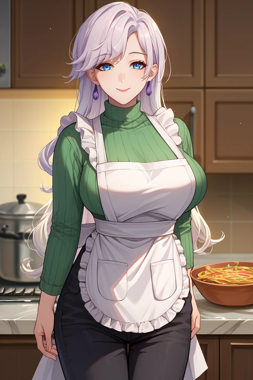 score_9, score_8_up, score_7_up, score_6_up, source_anime, BREAK 1girl, solo,  <lora:esri-pdxl-nvwls-v1-000005:1> esritd, white hair, blue eyes, earrings, green sweater, white apron, black pants, mature female, kitchen, cooking, looking at you, smile, large breasts