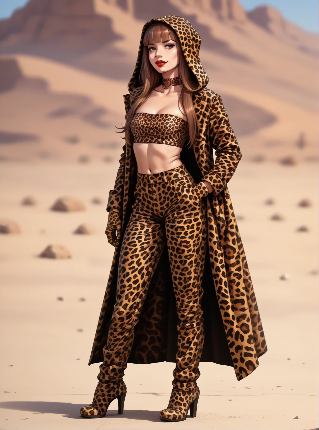 score_9, score_8_up, score_7_up, score_6_up, score_5_up, score_4_up, 1girl, long brown hair, brown eyes, blunt bangs, hud_t_d_i_m_m,  leopard print open coat, tube top, pants, choker, full body, hood, gloves, red lips, makeup, high heels, boots, <lora:impress_me:0.8>, desert