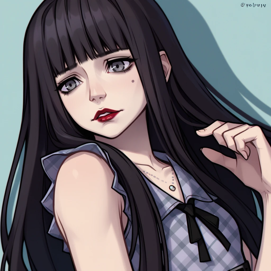 score_9, score_8_up, score_7_up, source_anime, BREAK 1girl, solo, Shoka Sakurane, zPDXL2, long hair, bangs, black hair, grey eyes, plaid dress, sleeveless, red lips, lipstick, jewelry,   <lora:Shoka_Sakurane-000003:1>