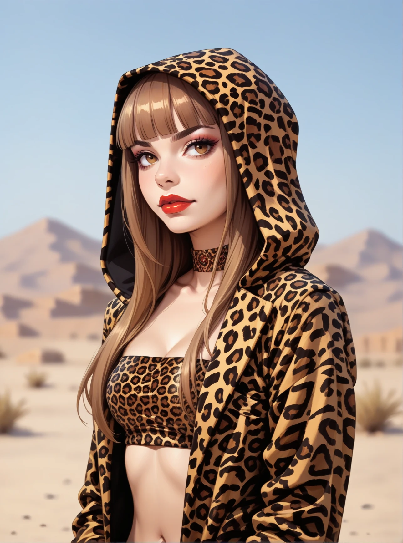 score_9, score_8_up, score_7_up, score_6_up, score_5_up, score_4_up, 1girl, long brown hair, brown eyes, blunt bangs, hud_t_d_i_m_m,  leopard print open coat, tube top, choker, hood, gloves, red lips, makeup, <lora:impress_me:0.8>, desert, portrait