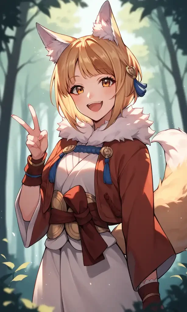 score_9, score_8_up, score_7_up, source_anime, 1girl, selkie, fox ears, fox tail, forest, hair ornament, happy, 