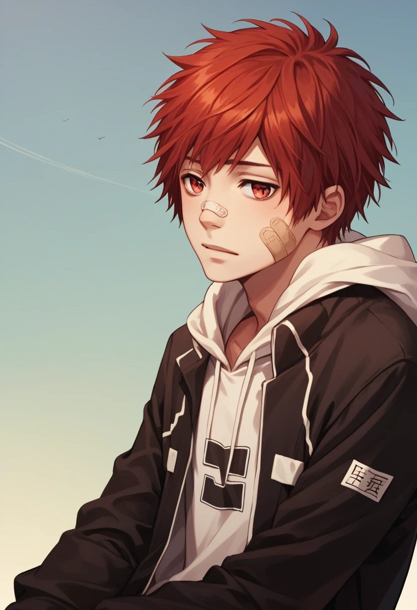 score_9, score_8_up, score_7_up, score_6_up, highly detailed, masterpiece, best quality,detailed,intricate details, amazing quality, best aesthetic, absurdres,source_anime,enma kozato, red hair, red eyes, 1boy, male focus, hoodie, solo, bandaid, hood<lora:EMS-391989-EMS:0.800000>