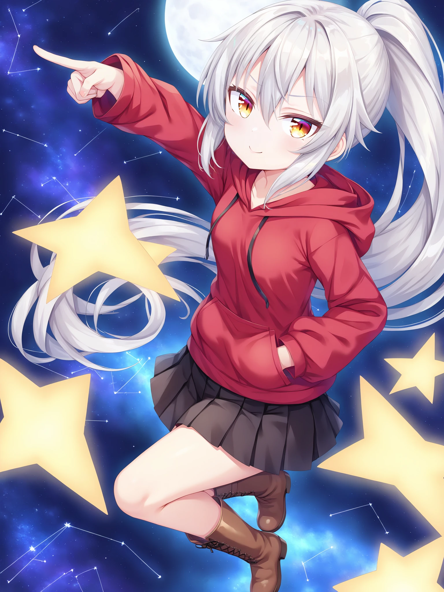 score_9, source_anime, masterpiece,
1girl, cute girl, original,
skinny, petite, small breasts, blonde eyes, yellow eyes, (silver hair:1.4), very long hair, hair between eyes, ponytail,
hoodie, (red shirt:1.2) , black skirt, pleated skirt, brown boots,
starry sky, star \(sky\), full moon, constellation, midair, 
from above, pointing, jumping, (star \(symbol\):1.1), 
closed mouth, smile, doyagao, (hand in pocket:1.2), hand in hoodie, pocket, horizon, black background,
<lora:EyeShape_E_Jitome_XL(Pony):1.3>