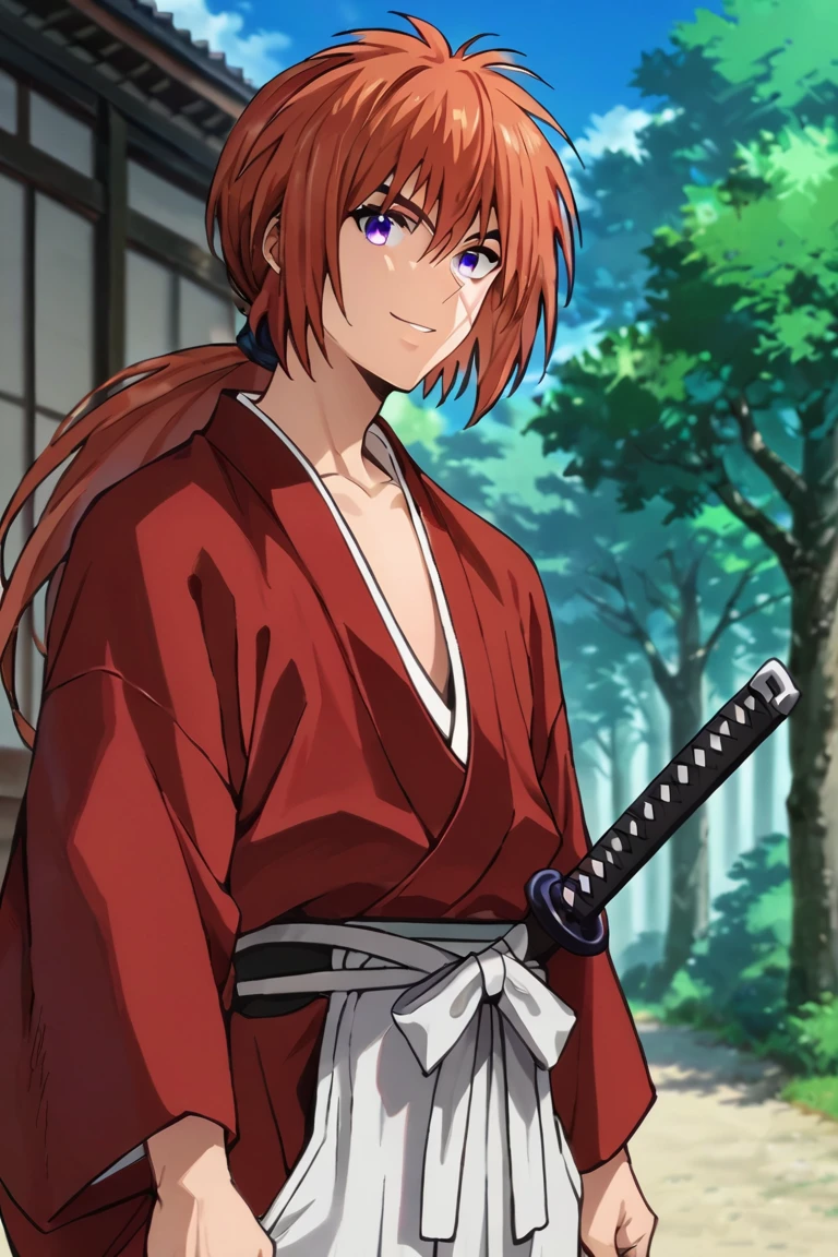 score_9,score_8_up,score_7_up,1boy, solo,looking at viewer,
Himura Kenshin,red hair, purple eyes, scar on face,ponytail,long hair, smile, outdoors, japanese clothes, hakama,red kimono,weapon,sword,upper body<lora:EMS-397200-EMS:0.800000>