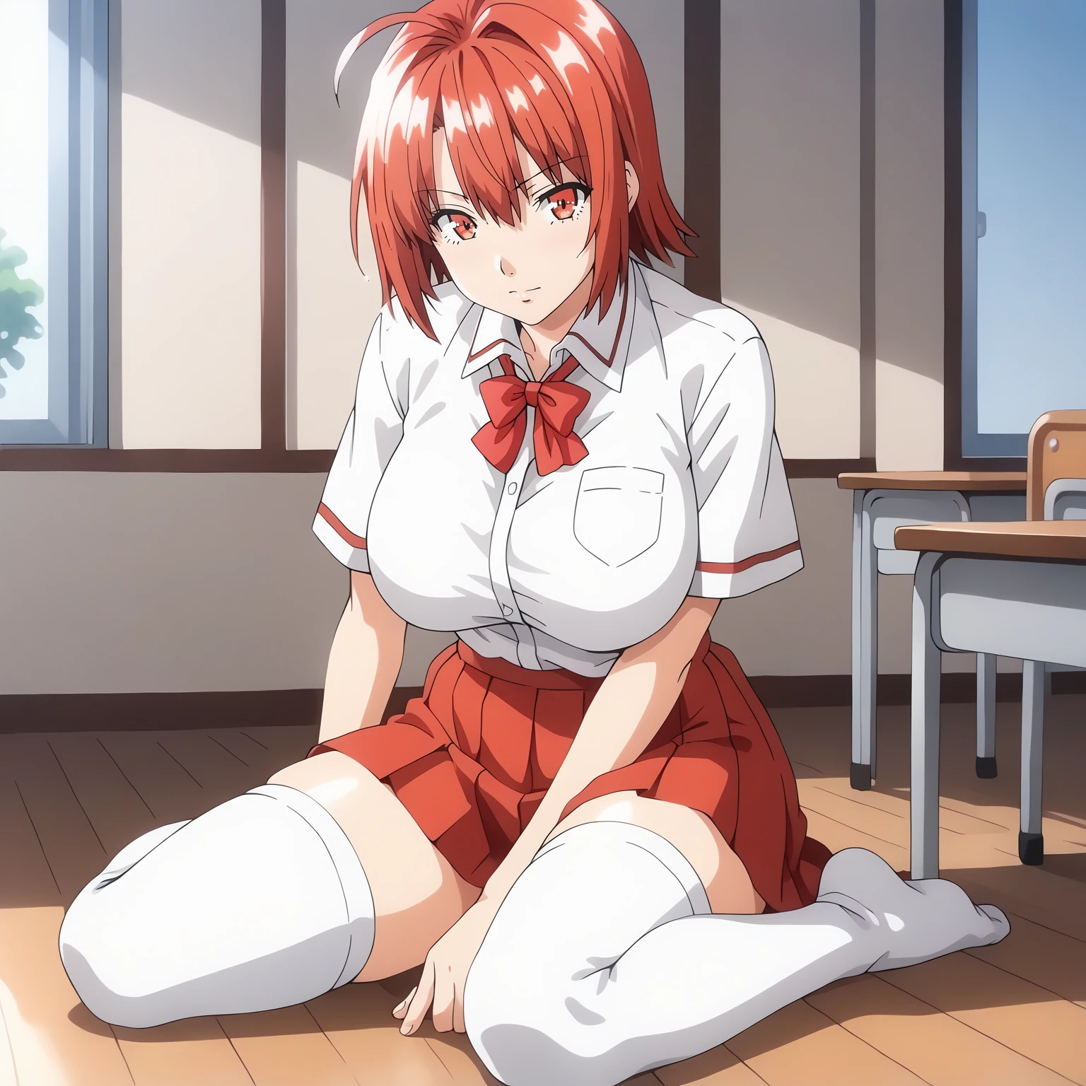 <lora:YuukaYoshiiXLpony001>,
solo,
YuukaYoshii,1girl,red hair,short hair,red eyes,
large breasts,
school_uniform,white shirt,red bowtie,
red skirt,
white_thighhighs,
full body,sitting,