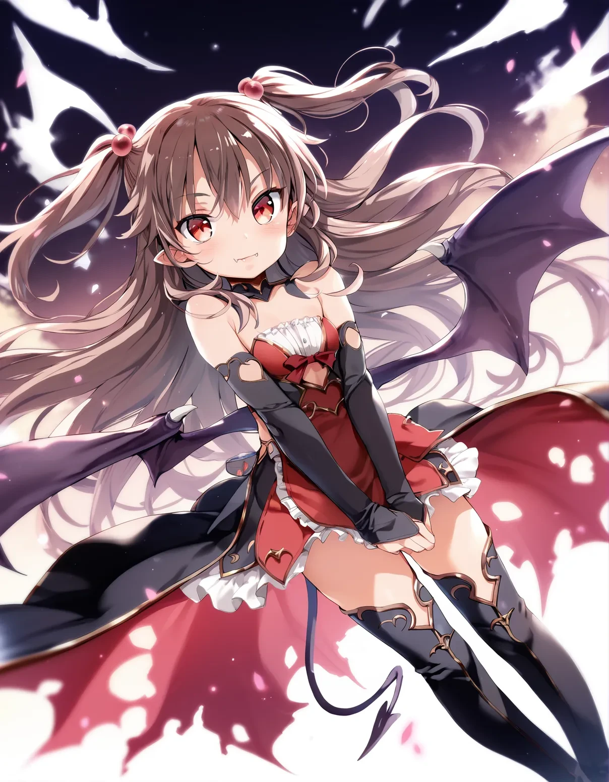 score_9, score_8_up, score_7_up, score_6_up,score_5_up,score_4_up, rating_safe, a girl , wings, long hair, red eyes, hair bobbles, thighhighs, hair ornament, two side up, brown hair, thigh boots, high heels, boots, fang, demon girl, demon wings, blush, smile, detached sleeves, black thighhighs, black footwear, gloves, high heel boots, elbow gloves, bat wings, demon tail, tail
<lora:mochi_circle_rin_style_pony6_v1-000036:.9>