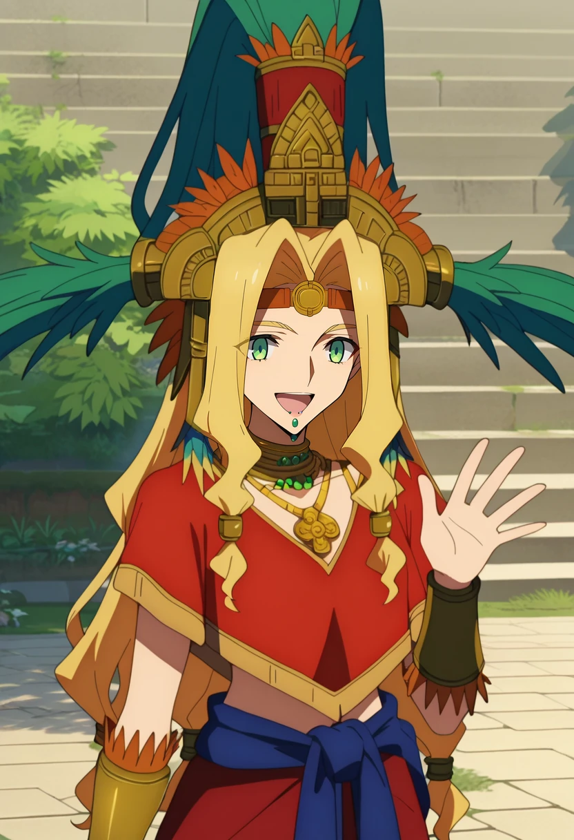 score_9, score_8_up, score_7_up, source_anime, anime screencap,
<lora:FateGrandOrder_QuetzalcoatlXL:0.9>, QuetzalcoatlFGO,
1girl, open mouth, smile, 
blonde hair, long hair, green eyes, chin piercing,
headdress, headband, poncho, feathers, navel, neck ring, bracer, gold trim, necklace, red skirt, blue sash, belt buckle,
standing, looking at the viewer, (thigh gap:1.2), waving,
outdoors, aztec, maya (culture)