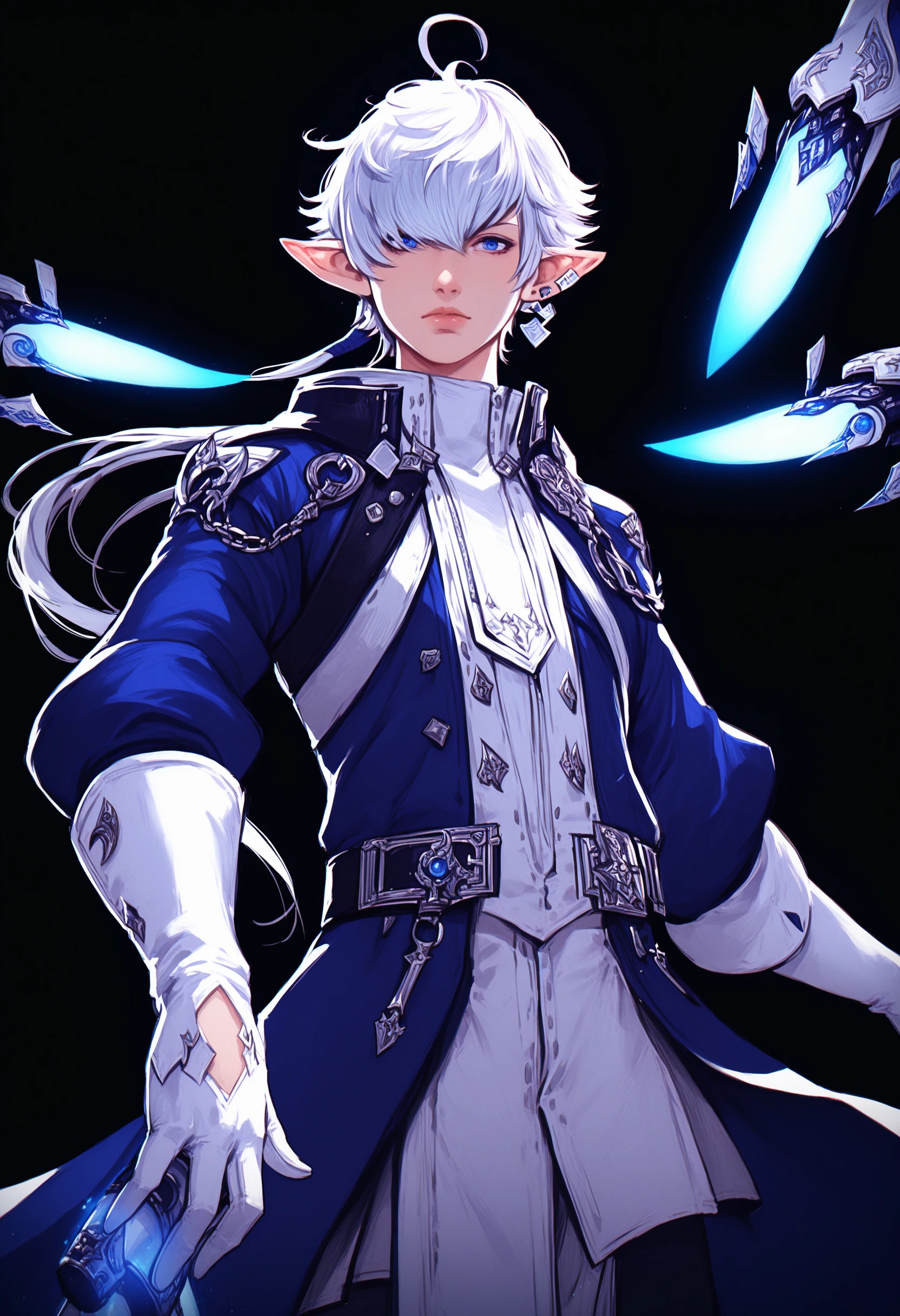 Alphinaud, long hair, looking at viewer, blue eyes, gloves, jewelry, ahoge, belt, white gloves, coat, blue coat, floating object, earclip, floating weapon, glowing, magic, specular highlights, black background, border, zPDXL , <lora:Alphinaud_FFXIV:1>
