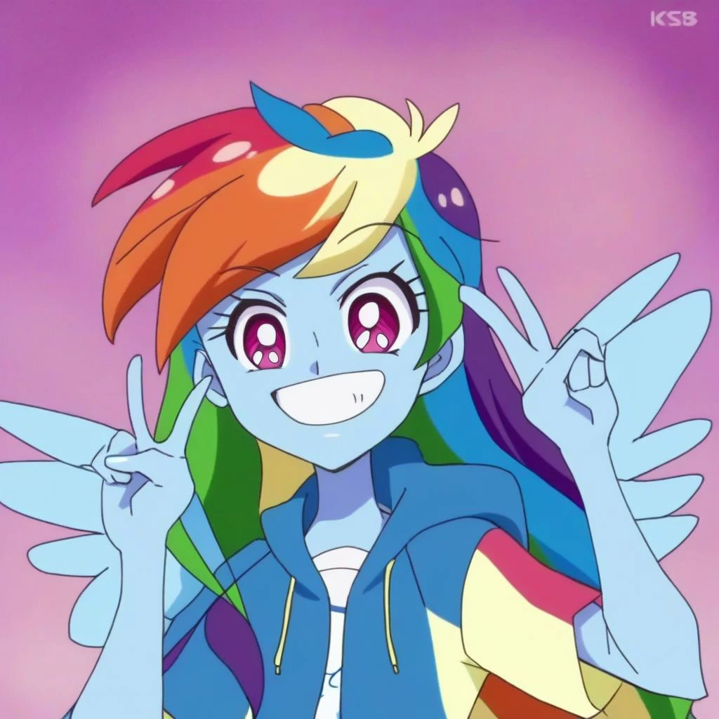 Solo, 1girl, human, rainbow dash, multicolored hair, v, double v, smile, blue skin, pink eyes, wings