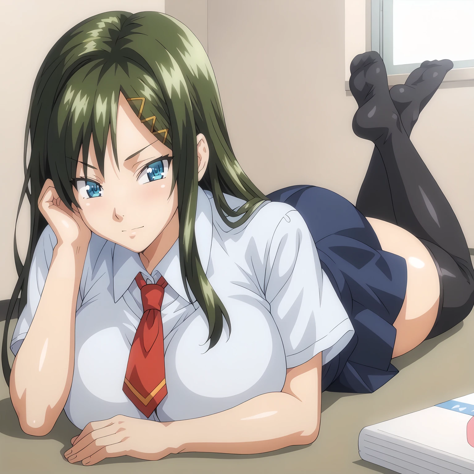 <lora:HitomiKizunoXLpony001>,
solo,
HitomiKizuno,1girl,green hair,long hair,hairclip,blue eyes,
large breasts,
school_uniform,white shirt,red tie,short_sleeves,
blue skirt,
black_thighhighs,
full body,on stomach,the_pose,