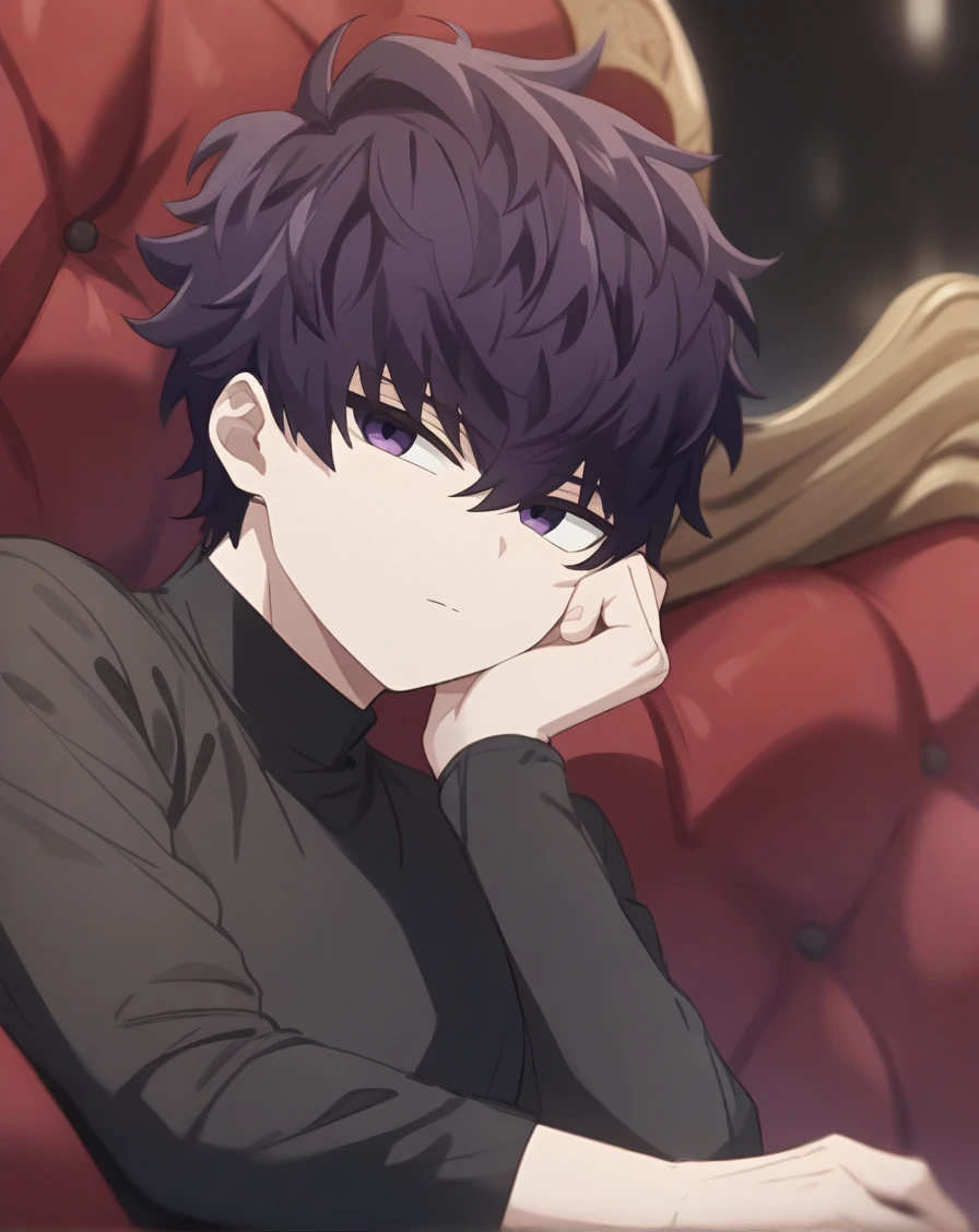 masterpiece, best quality, very aesthetic, absurdres, very detailed, safe, depth of field, ((1boy, solo, male only, male focus, upper body)),  <lora:komi_shousuke_sdxl_lora:0.8>, (komi shousuke, purple hair, purple eyes, short hair, hair between eyes, bangs, pale skin), black shirt, sitting,throne, red cushion, hand on own face,