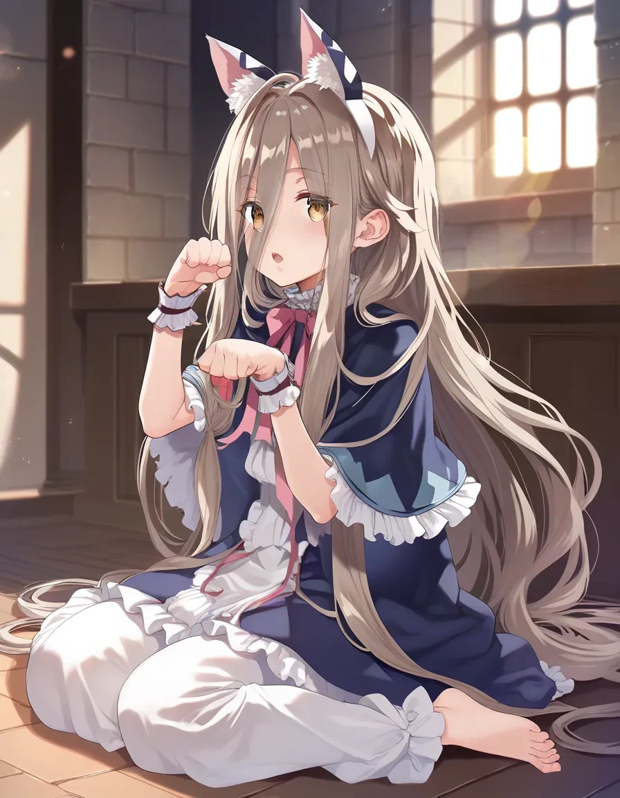 score_9, score_8_up, score_7_up, score_6_up,score_5_up,score_4_up, a girl sitting on the floor, paw pose, open mouth, fake cat ears, castle, lens flare, window
<lora:mochi_circle_rin_style_pony6_v1-000036:1> <lora:sense_sousou no frieren_PONY_last:0.6> sense \(sousou no frieren\),brown eyes,very long hair,absurdly long hair,hair between eyes,eyes visible through hair, blue capelet,frilled dress,white long dress