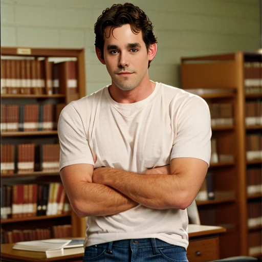 Xander Harris played by Nicholas Brendon standing in a high school library, teenager, slim, collared shirt over t-shirt, jeans, crossed arms, professional photography, high resolution, 4k, detailed photo <lora:Xander_Harris_Buffy_the_Vampire_Slayer:1>