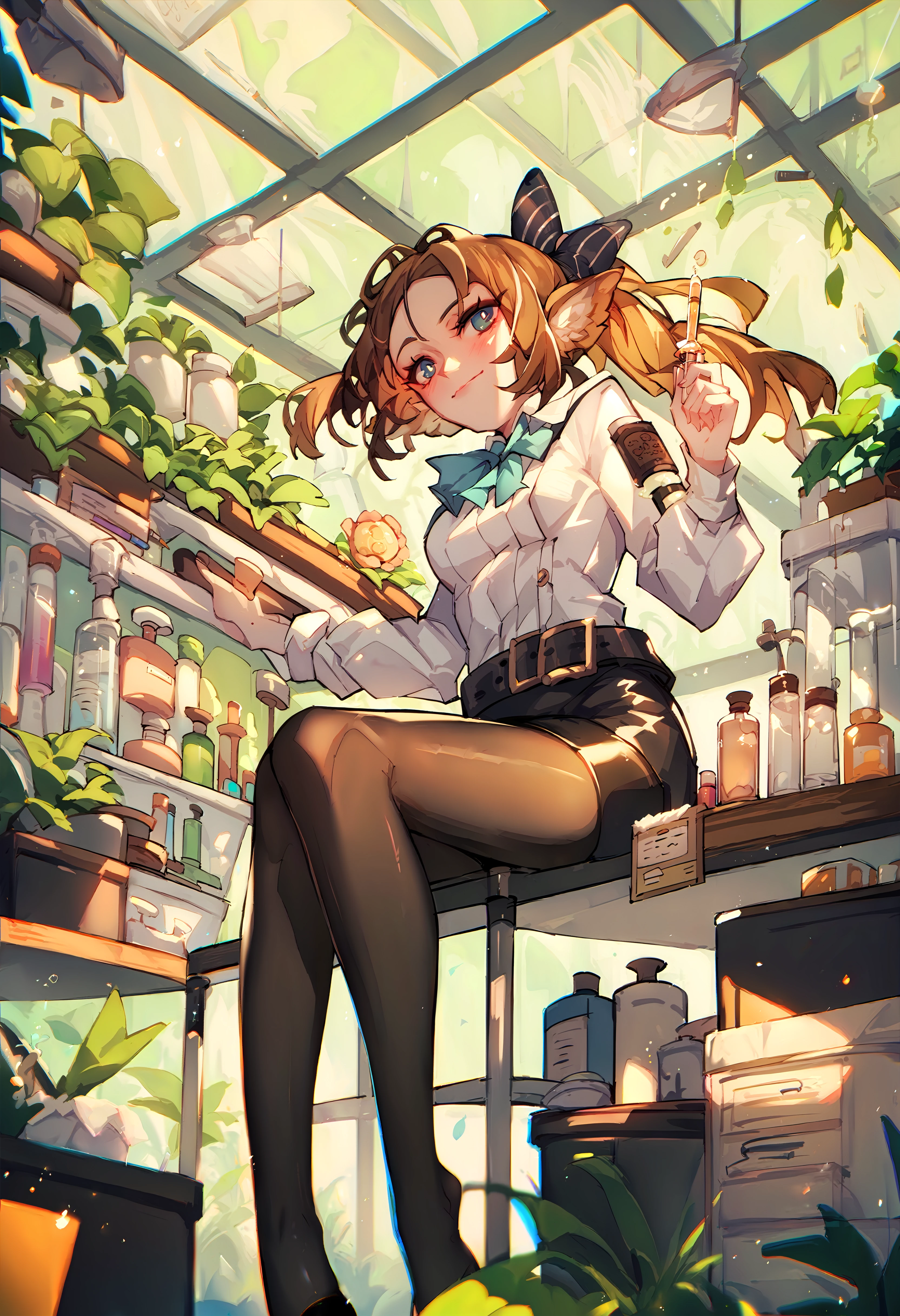 (score_9, score_8_up, score_7_up), 1girl, perfumer sp, pencil skirt, black pantyhose, in a lab, perfume bottle on table, test tube, <lora:perfumer-akPO-v1c-000008:0.9>