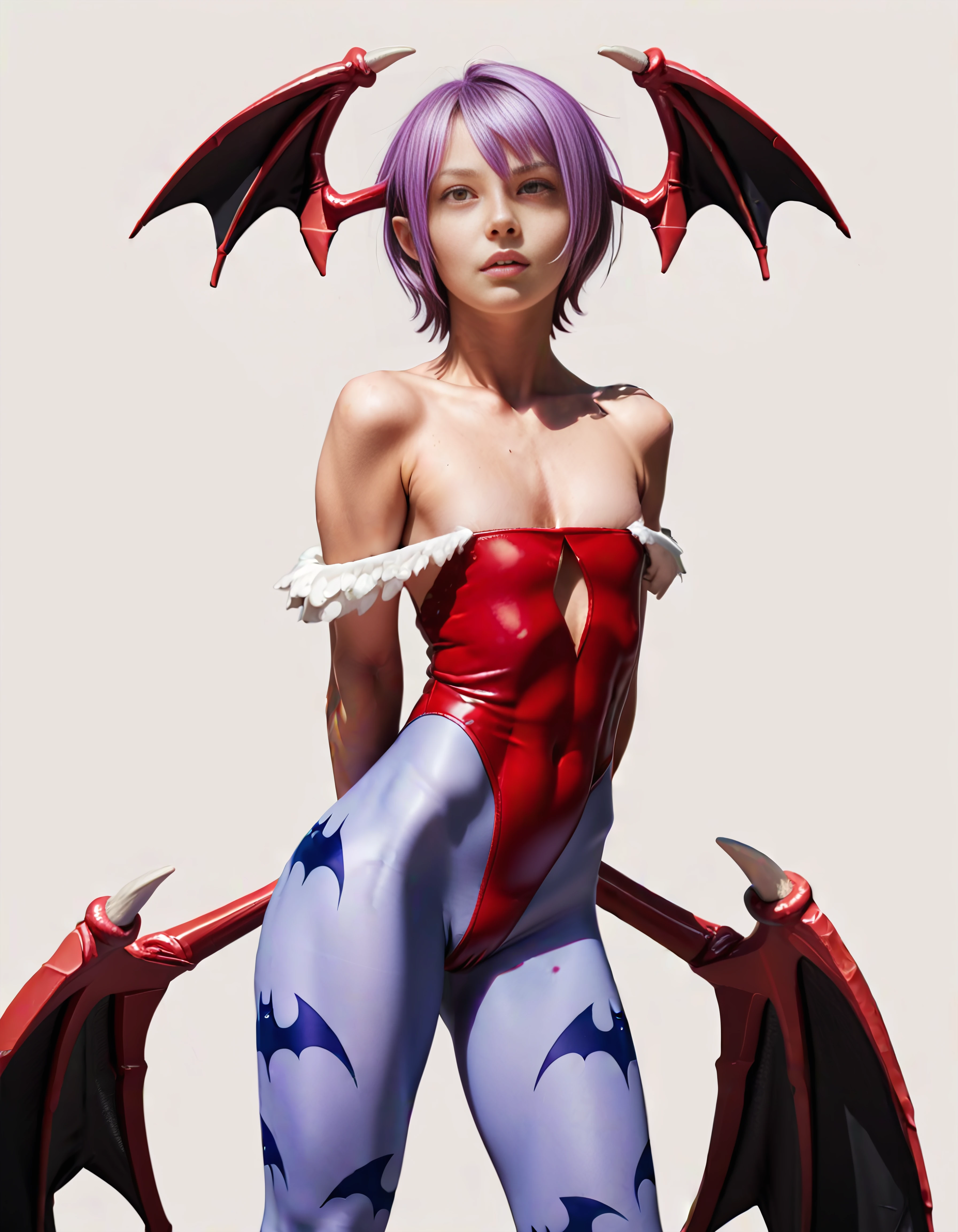 Generate an illustration of a mature lilith, 1girl, laying on knees, view from behind, perfect ass, ((darkstalkers)), lavender hair , (aletta ocean face), de terno preto, (bikini:1.3), short hair, hair combed back, (small breasts:1.4), in anime format with a serious style, (jewelry around waist), ((teal and red bikini)), bare feet, gothic make up, masterpiece, ((dark lighting)), black background, (puffy lips),((slendered abs)), beautiful face,