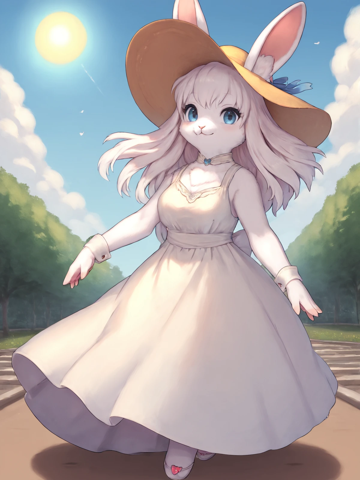 score_8_up, score_9_up, by WKAR, detailed, beautiful, furry, rabbit,  female, dress, sun hat, wide brim hat, smile, outside, blue eyes, park, windy, wind, solo, sunny day, noon, blue sky, <lora:neg4all_bdsqlsz_xl_V7:1> <lora:tweak-detail-xl:1> <lora:WKAR_Artist_Style:0.9>