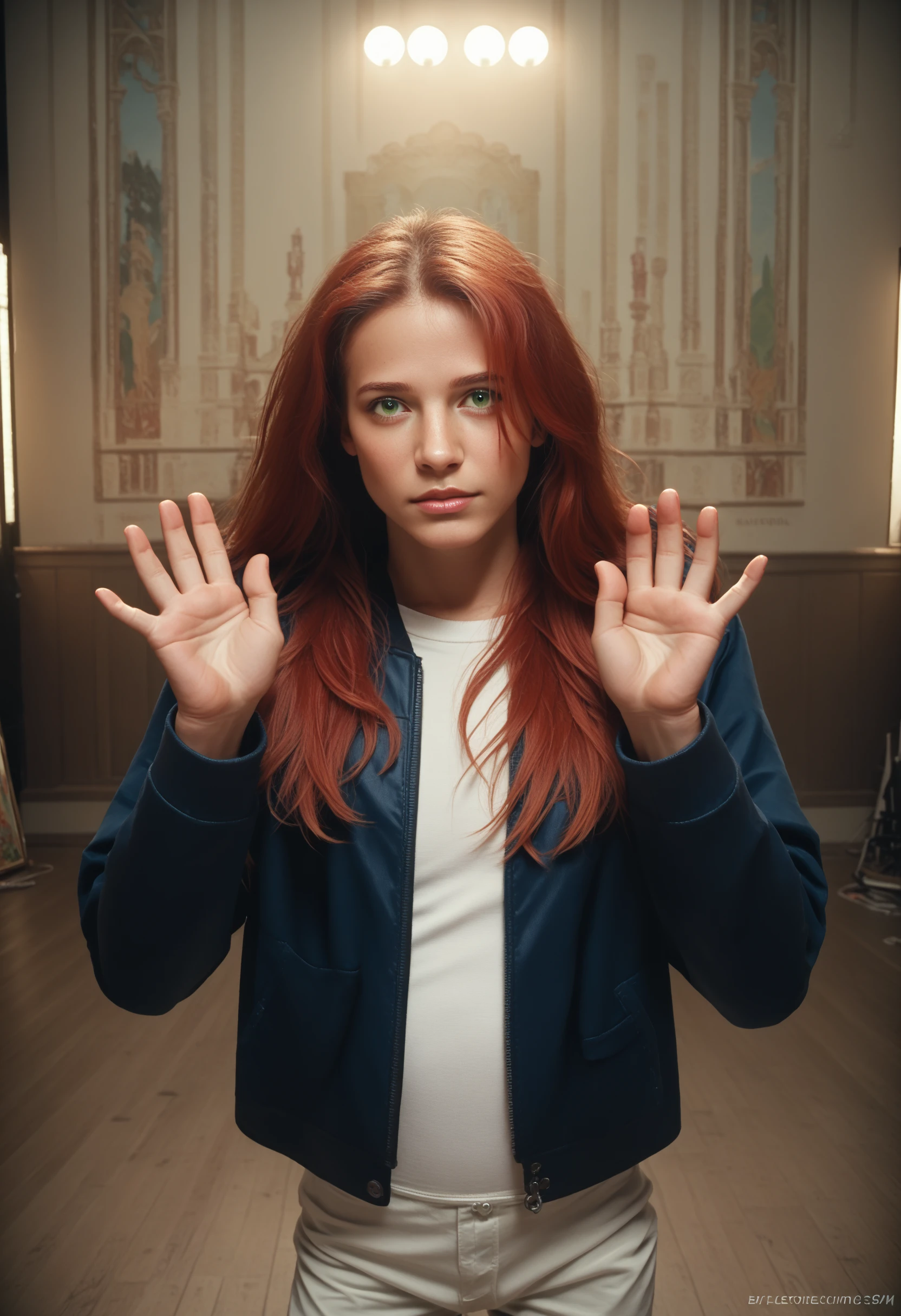 bcksvtfrz , 1boy, male focus, solo, red hair, long hair, green eyes, shirt, jacket, indoors, standing, hands up, looking at viewer, cinematic lighting, cinematic angle,  zPDXL ,  <lora:Backon74Style:0.8>