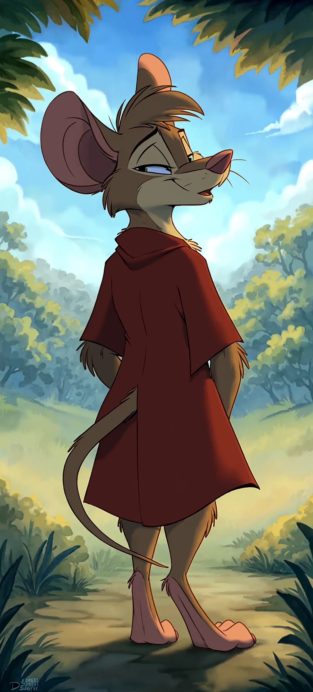 forest, sky, watercolor and sketch of /(Mrs. Brisby/)from /(Secret of Nimh/), (mouse, female, mother), wearing red torn cape, solo, pantyless
by Don Bluth, OC, original character