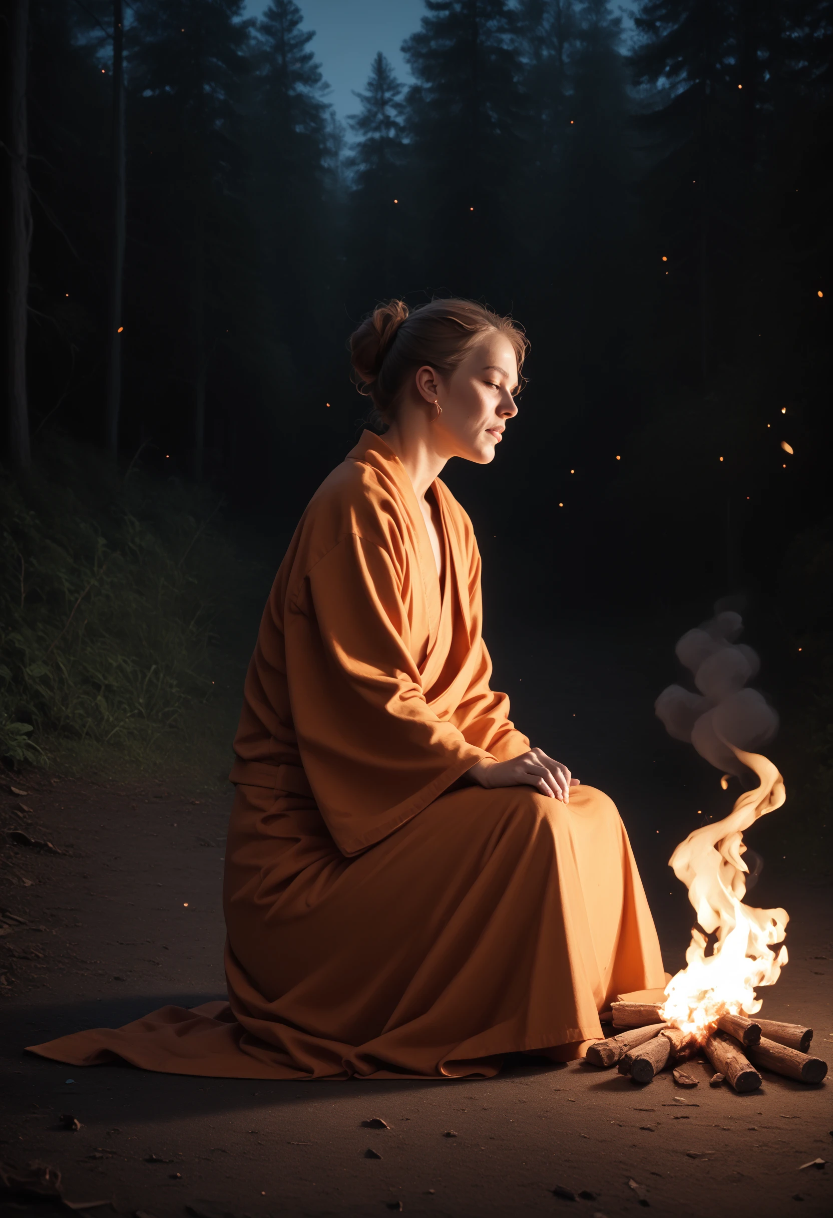 f1r3elemental style, solo, 1boy, male focus, mature, orange robe, fire, sitting, from side, orange theme, burning, smoke, fire, flames, smoke, embers, made of fire, forest, outdoors, vapor, BREAK PonyXLV6_Scores , <lora:END-Fire_Elemental_Style:0.8>