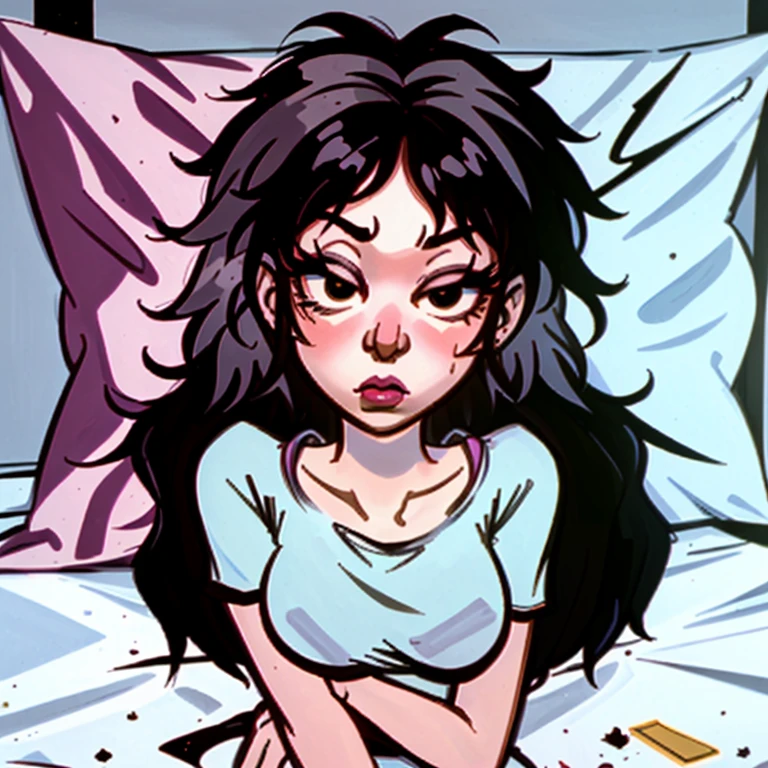 <lora:Mission_Hill_Style_-_1999-000011_11:1>, 1girl, pouty lips, on bed, sleepy, messy hair, <lora:LCM_SD15:1.0>